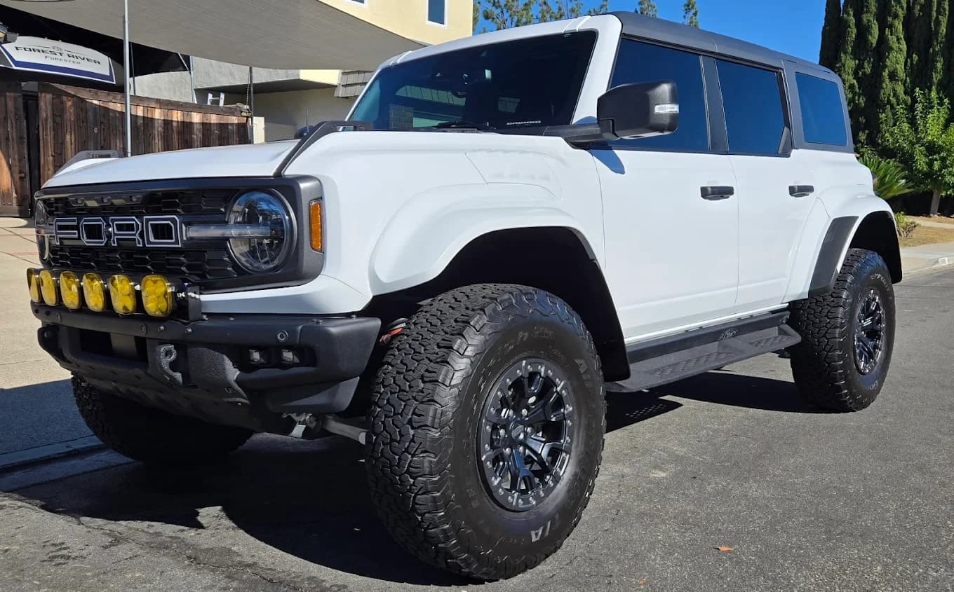 White Ford Bronco after exterior detailing.